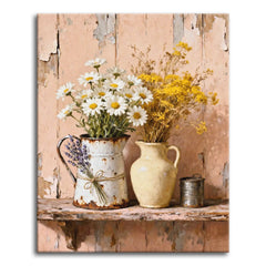 A textured oil-style paint by numbers still life of white daisies and golden wildflowers in a rustic enamel pitcher and cream jug, with a bunch of lavender, against a weathered peeling-paint wood wall.