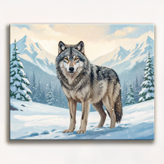 Winter wolf in snowy mountains paint by numbers design with pine trees