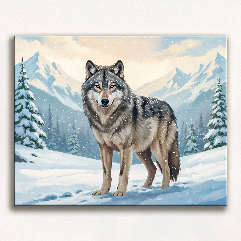 Winter wolf in snowy mountains paint by numbers design with pine trees