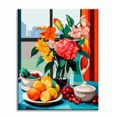 A window table paint by numbers design showing flowers in a jug, a plate of citrus and a bowl of cherries against a city window.