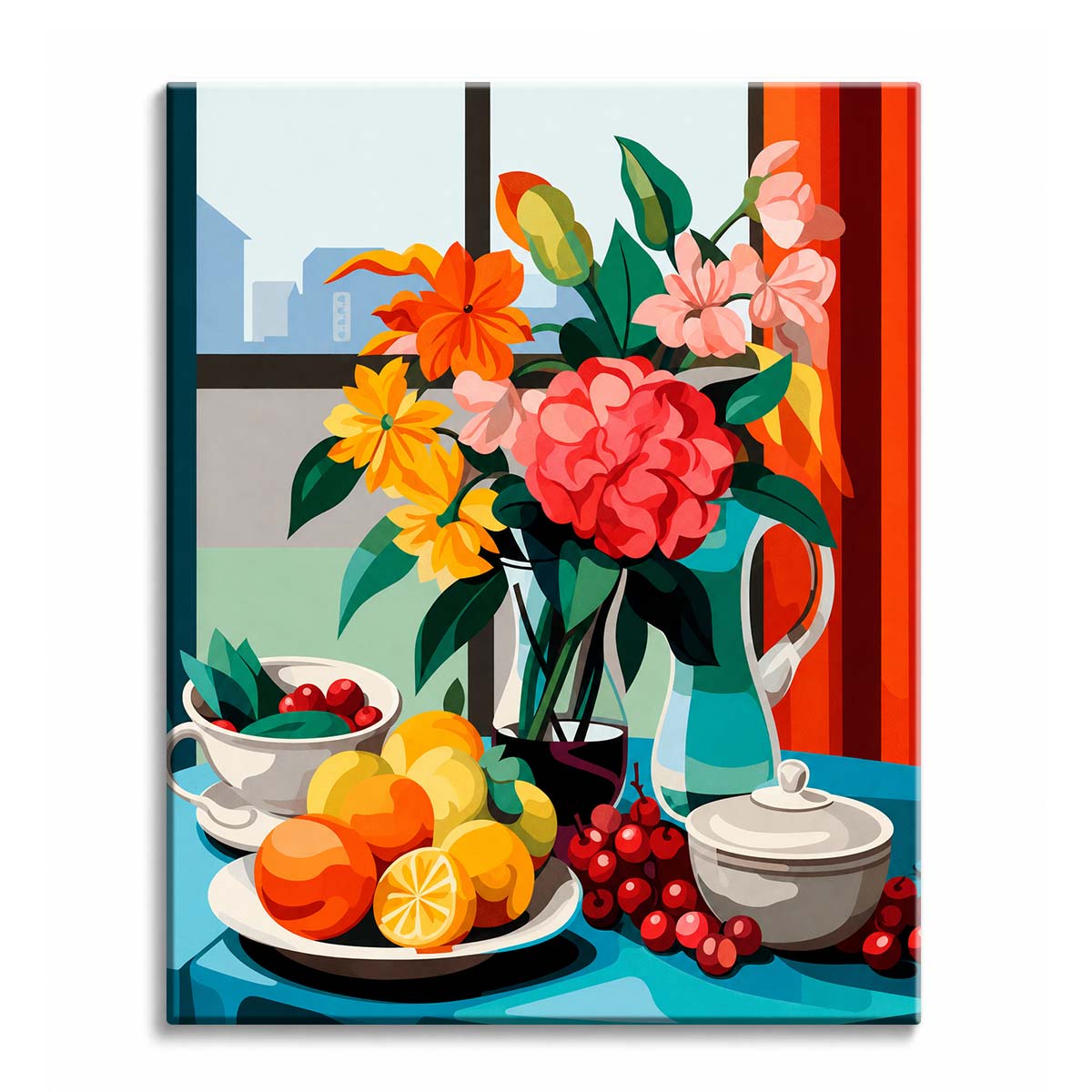 A window table paint by numbers design showing flowers in a jug, a plate of citrus and a bowl of cherries against a city window.