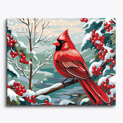 Red cardinal on snowy holly branch paint by numbers design with winter berries