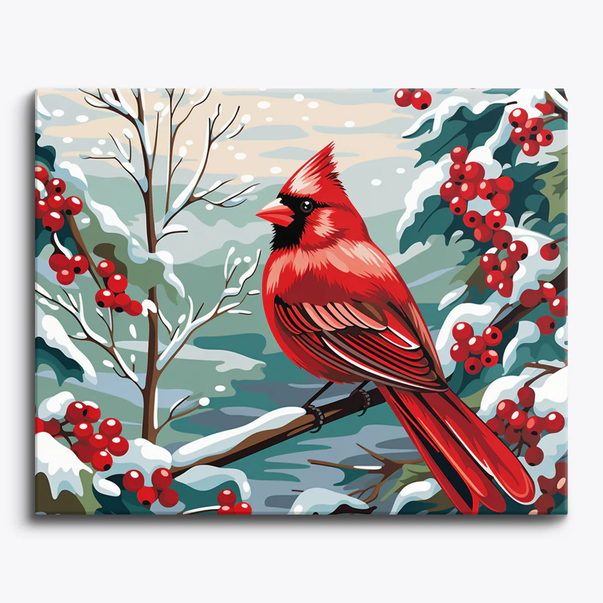 Red cardinal on snowy holly branch paint by numbers design with winter berries
