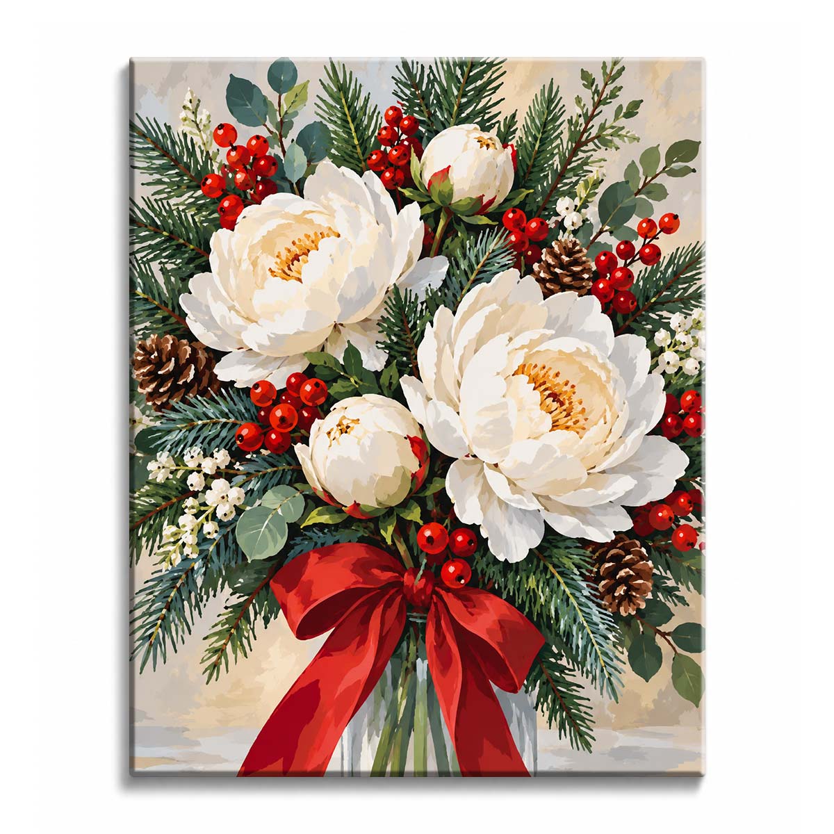 Creamy white blooms dominate a Christmas peonies paint by numbers design, surrounded by evergreen needles, red berries, pinecones, and a deep red bow.