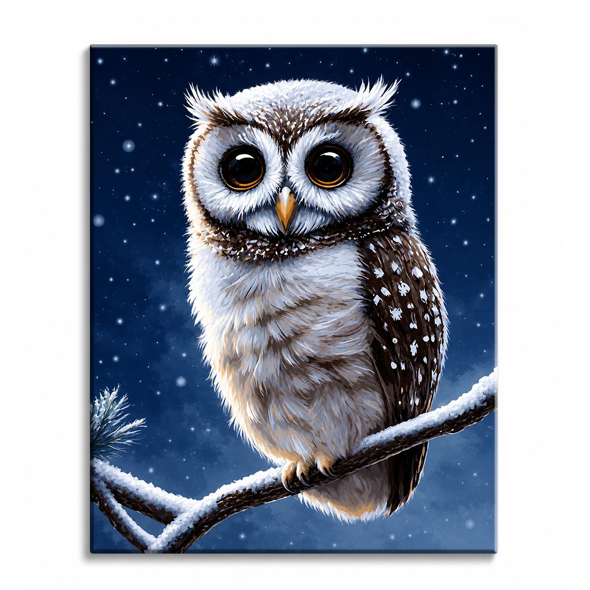 A paint by numbers canvas of a fluffy owl with large dark eyes perched on a snowy branch under a starlit winter sky.