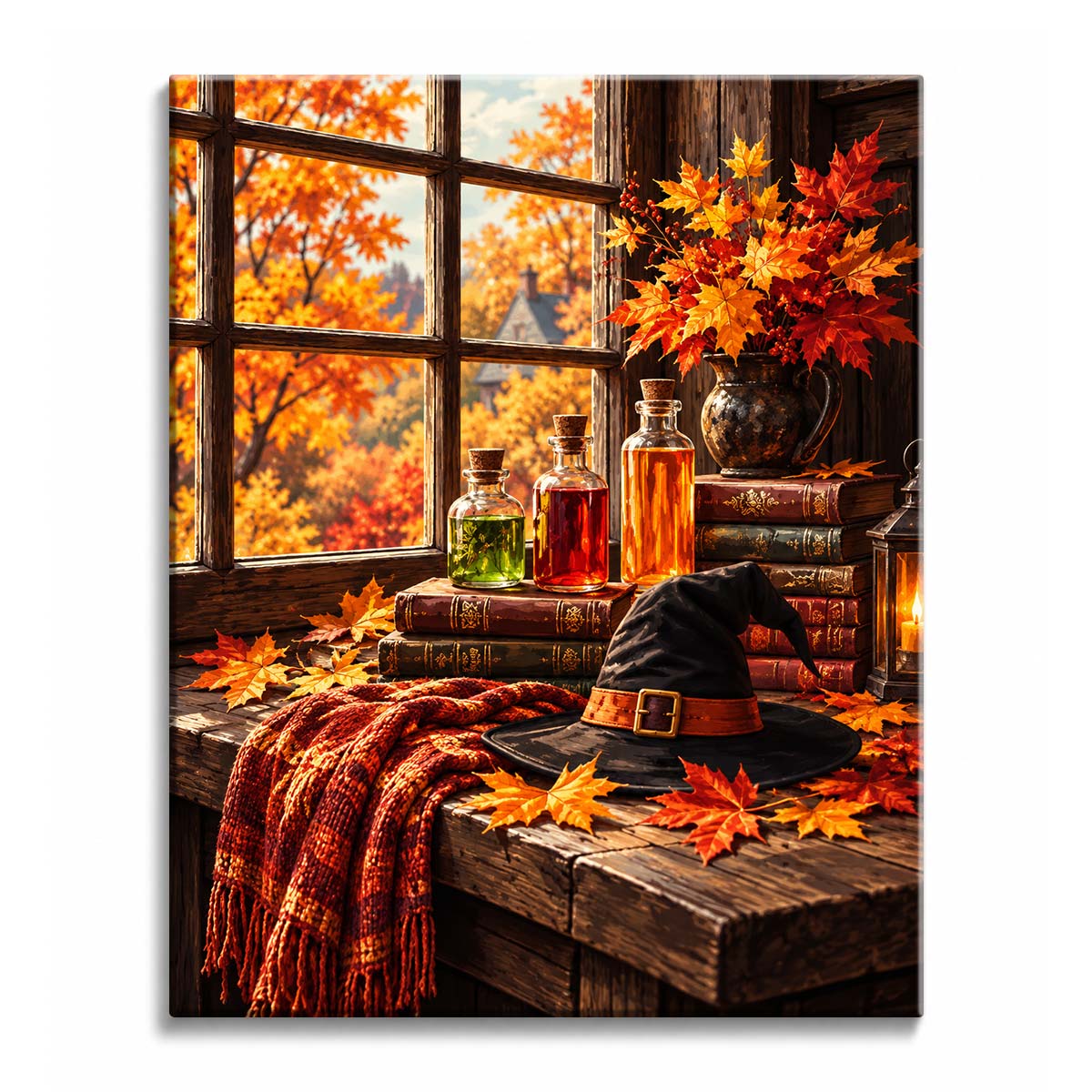 On a rustic windowsill in autumn light, a black witch hat rests among potion bottles and stacked books, in a fall paint by numbers design.