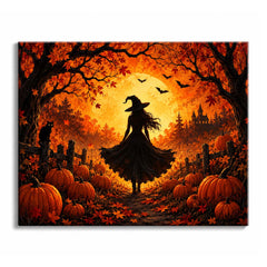 Silhouetted against a huge harvest moon, a witch walks a pumpkin-lined path beneath arched autumn trees, in a witch paint by numbers design.