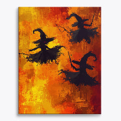 Flying witches in orange firelight paint by numbers design with dark silhouettes
