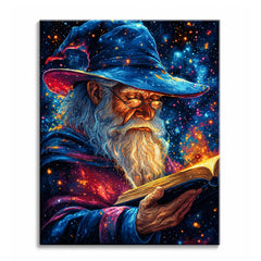 A fantasy paint by numbers design of an old wizard in a blue hat reading a glowing book against a starry night sky.