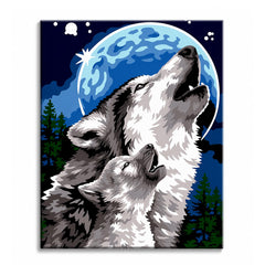 An adult wolf and a pup howling together under a pale blue moon with pine trees behind, shown as a paint by numbers canvas.