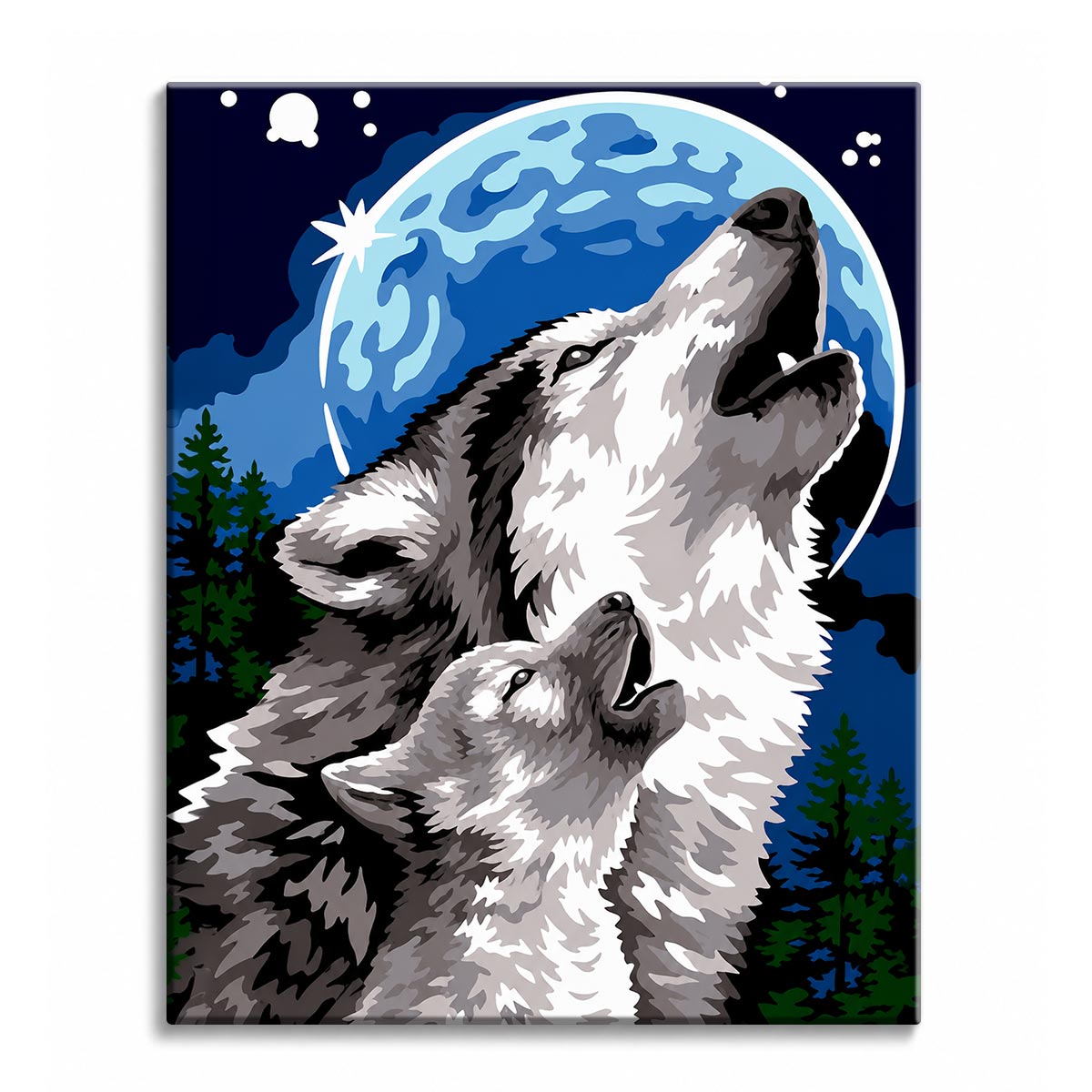 An adult wolf and a pup howling together under a pale blue moon with pine trees behind, shown as a paint by numbers canvas.