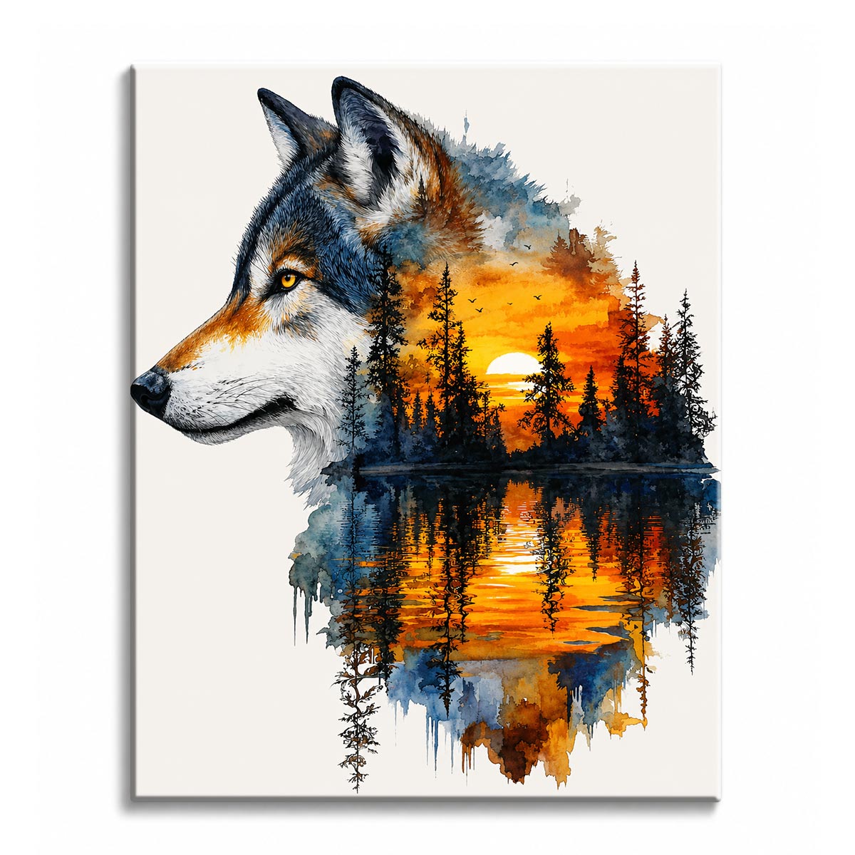 A wolf profile blending into a pine forest lake at sunset with golden reflections on the water, shown as a paint by numbers canvas.