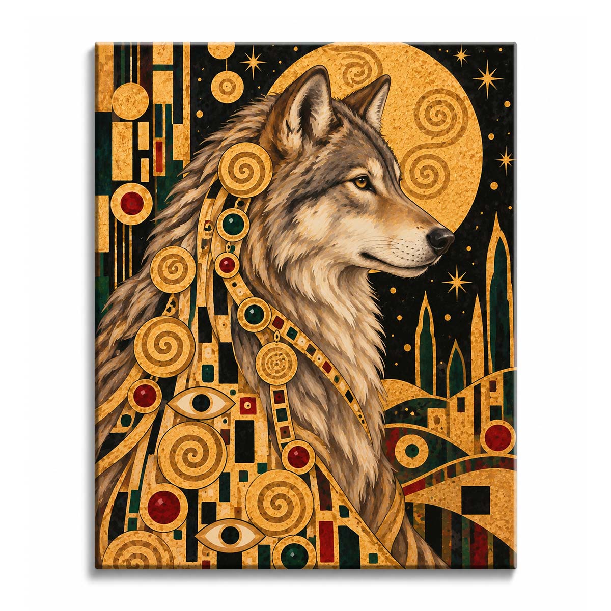 A gray wolf in profile before a golden moon, surrounded by Klimt-style spirals and mosaic patterns, in a paint by numbers design.