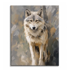 A pale grey wolf with amber eyes painted in thick palette-knife strokes, shown as a paint by numbers canvas.