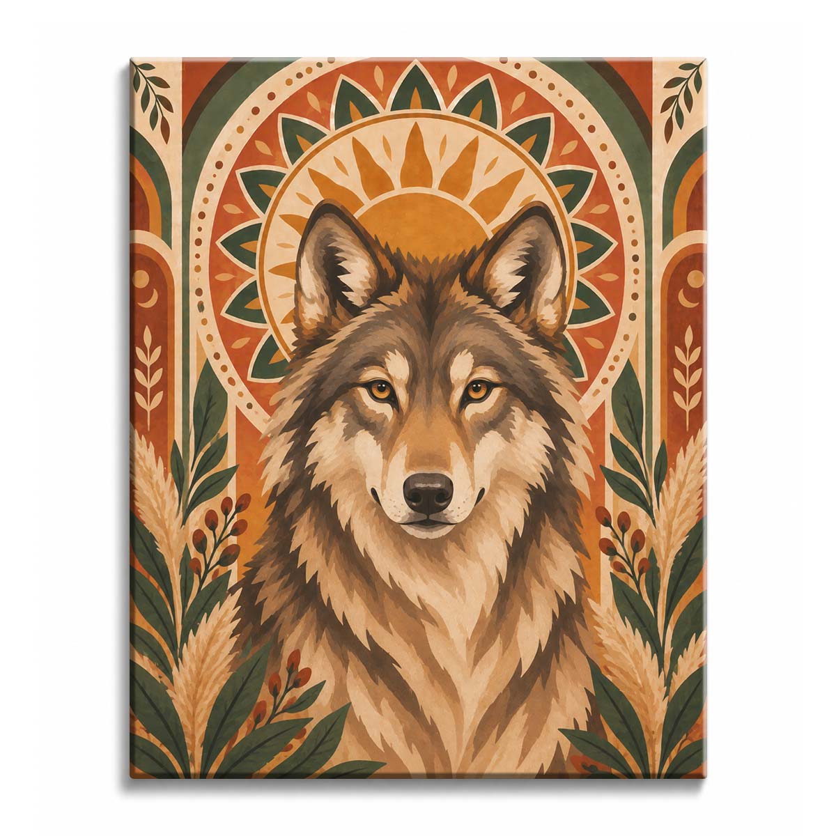A wolf paint by numbers design showing a front-facing brown and cream wolf with amber eyes, a golden sun ornament behind its head, terracotta arches, and green botanical ornaments.