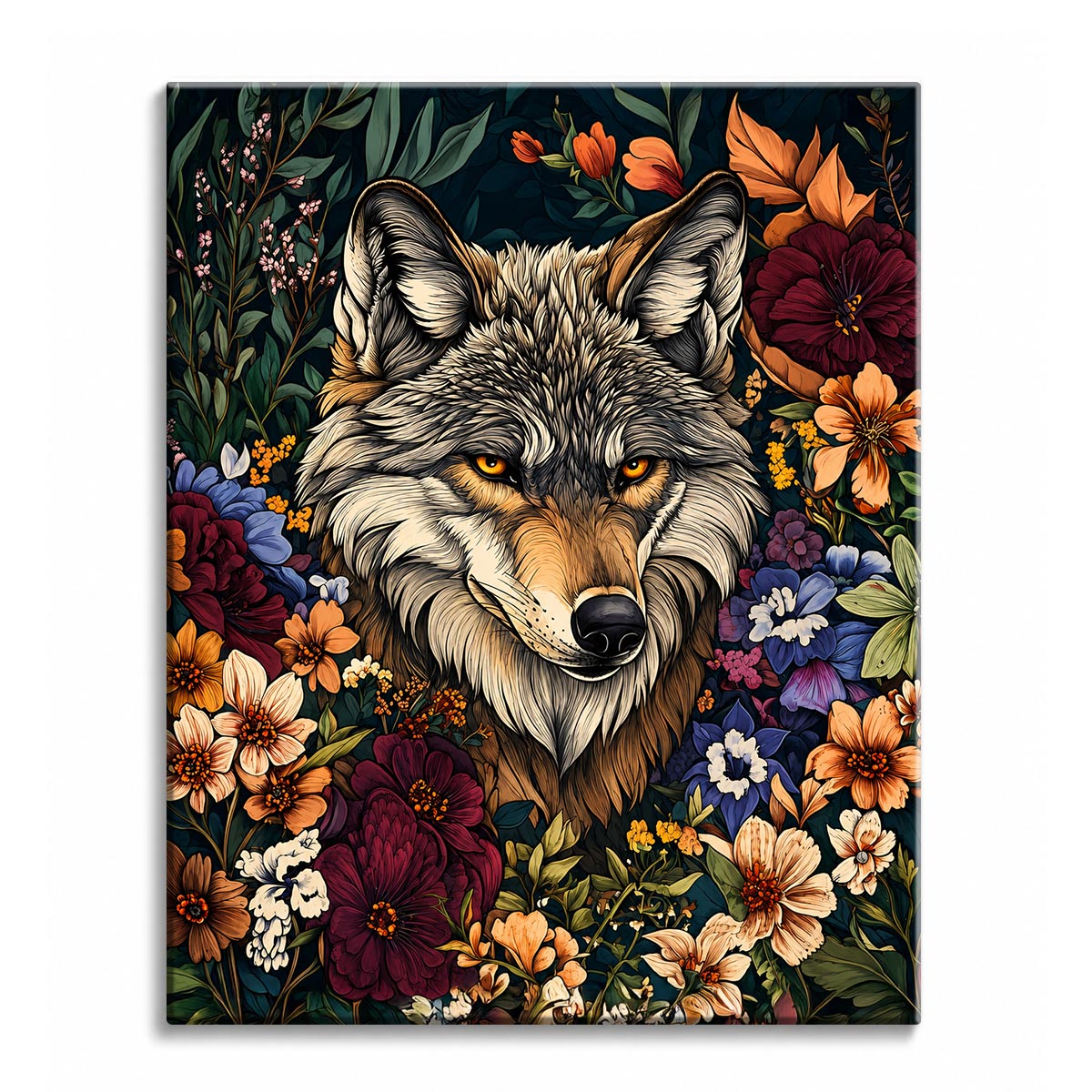 A wolf face framed by dense burgundy, orange and indigo flowers on dark foliage, shown as a paint by numbers canvas.