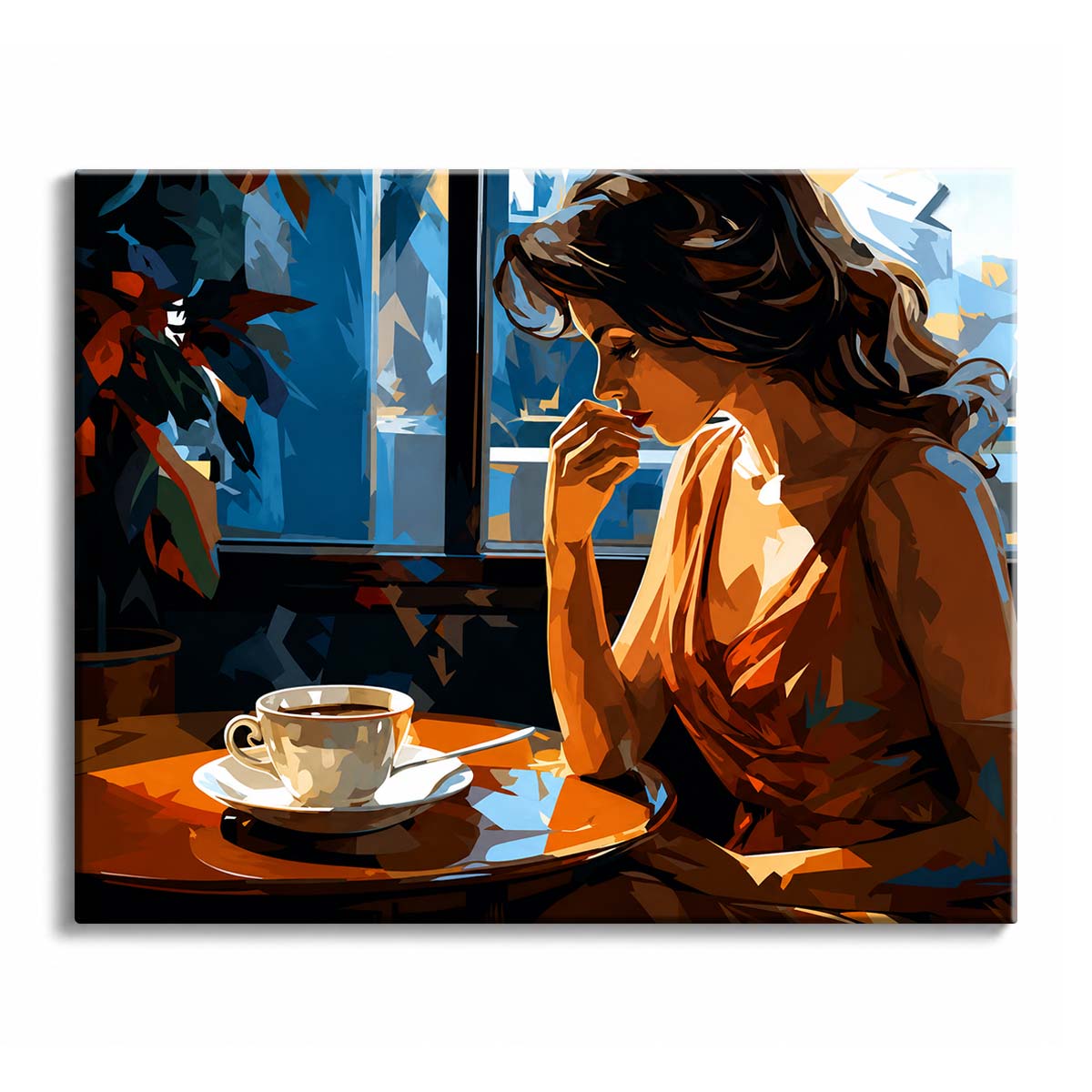 A faceted paint by numbers design of a woman sitting alone at a café table with a cup of coffee beside a blue window.