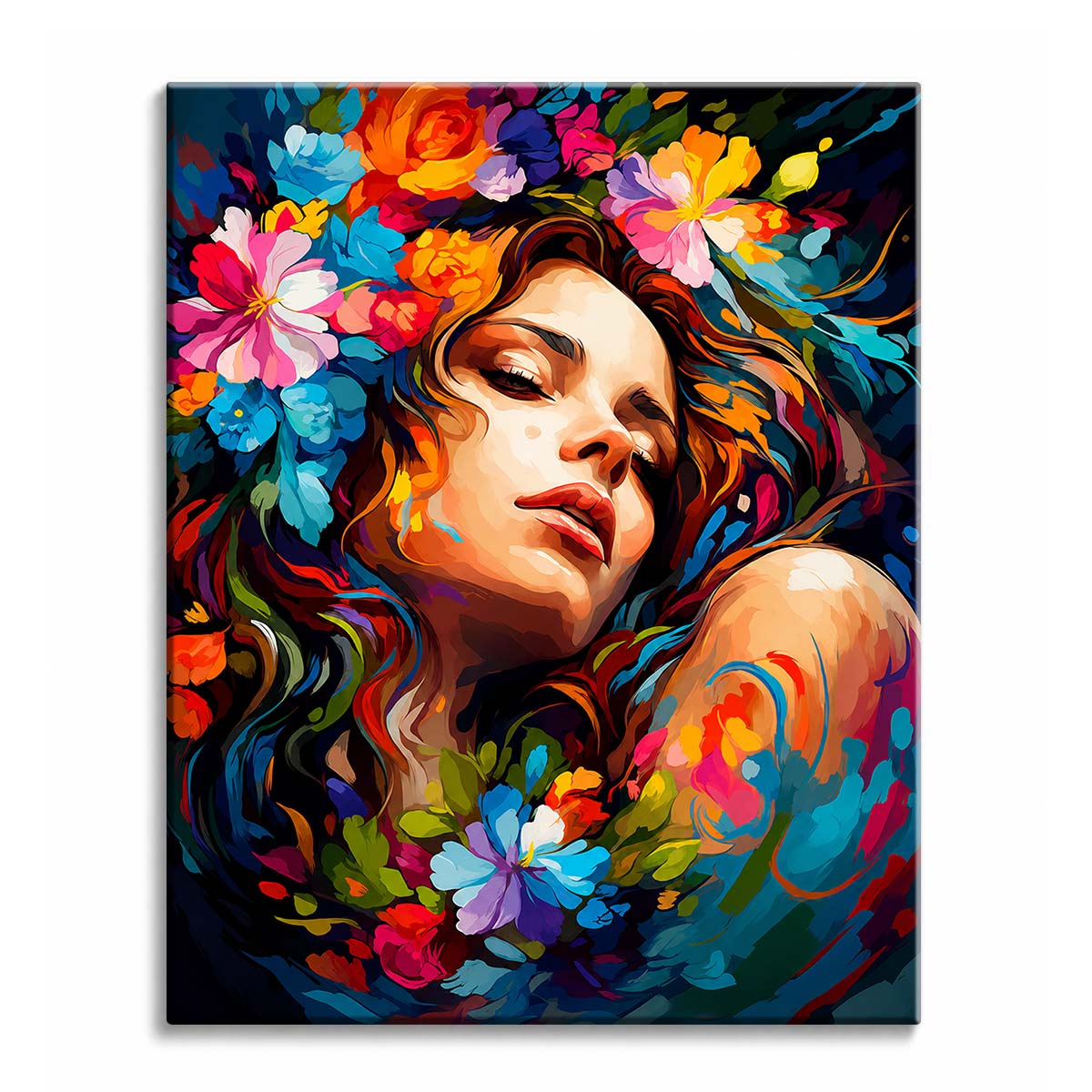 A painterly paint by numbers portrait of a woman with closed eyes surrounded by bright flowers and flowing hair in teal, copper and pink.