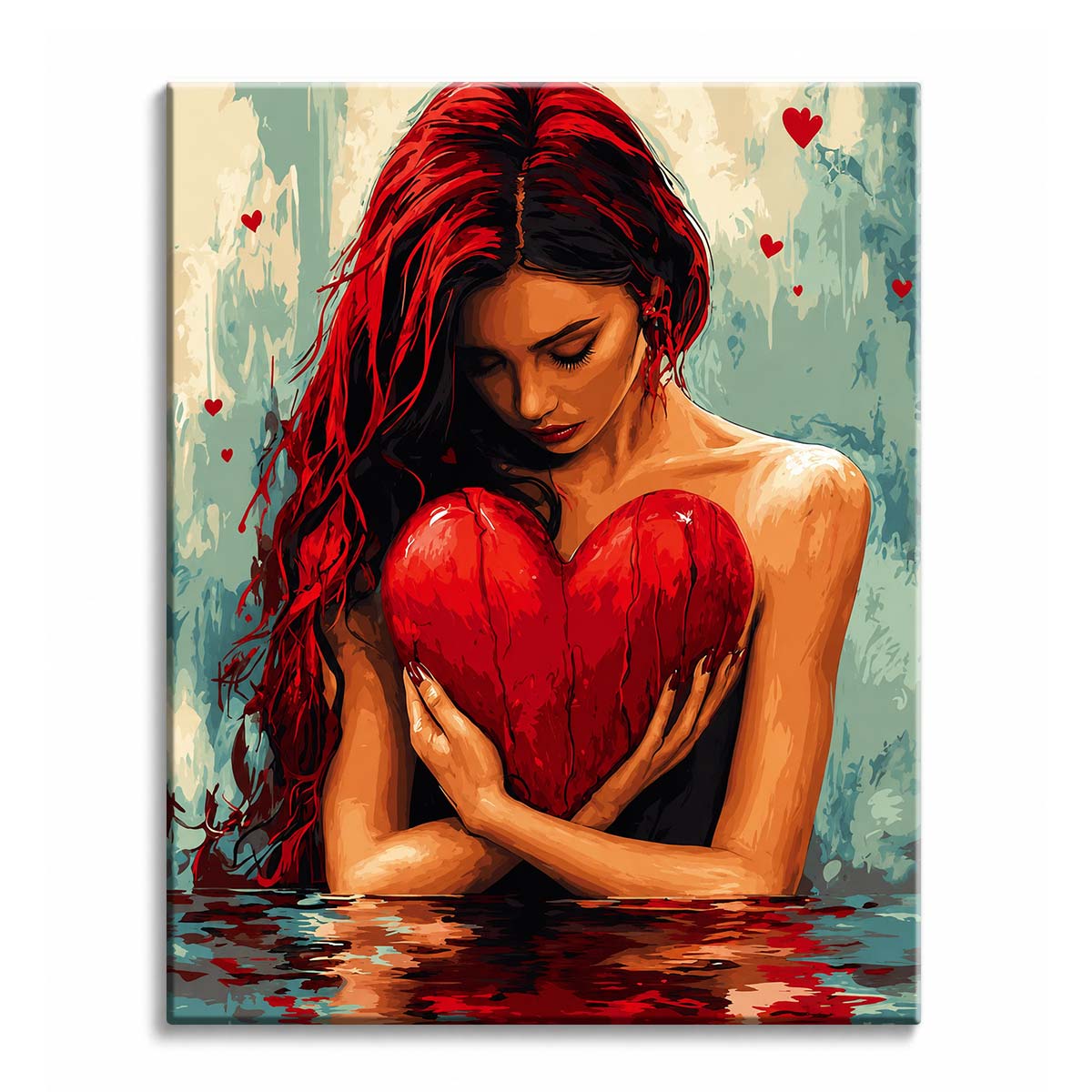 A woman with red and black hair holding a large red heart against her chest, with small hearts floating in a teal background, shown as a paint by numbers canvas.