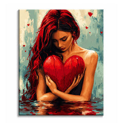 A woman with red and black hair holding a large red heart against her chest, with small hearts floating in a teal background, shown as a paint by numbers canvas.