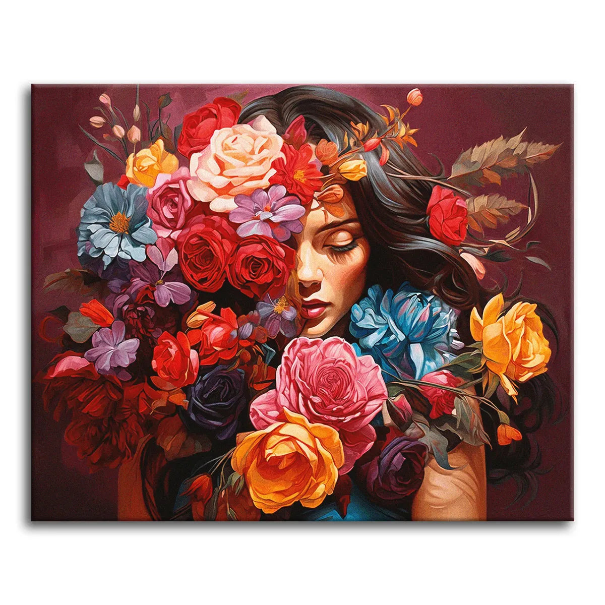 A woman with closed eyes surrounded by a dramatic cascade of colorful roses and flowers against a deep wine-red background, shown as a paint by numbers canvas.