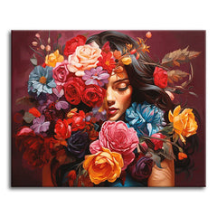 A woman with closed eyes surrounded by a dramatic cascade of colorful roses and flowers against a deep wine-red background, shown as a paint by numbers canvas.