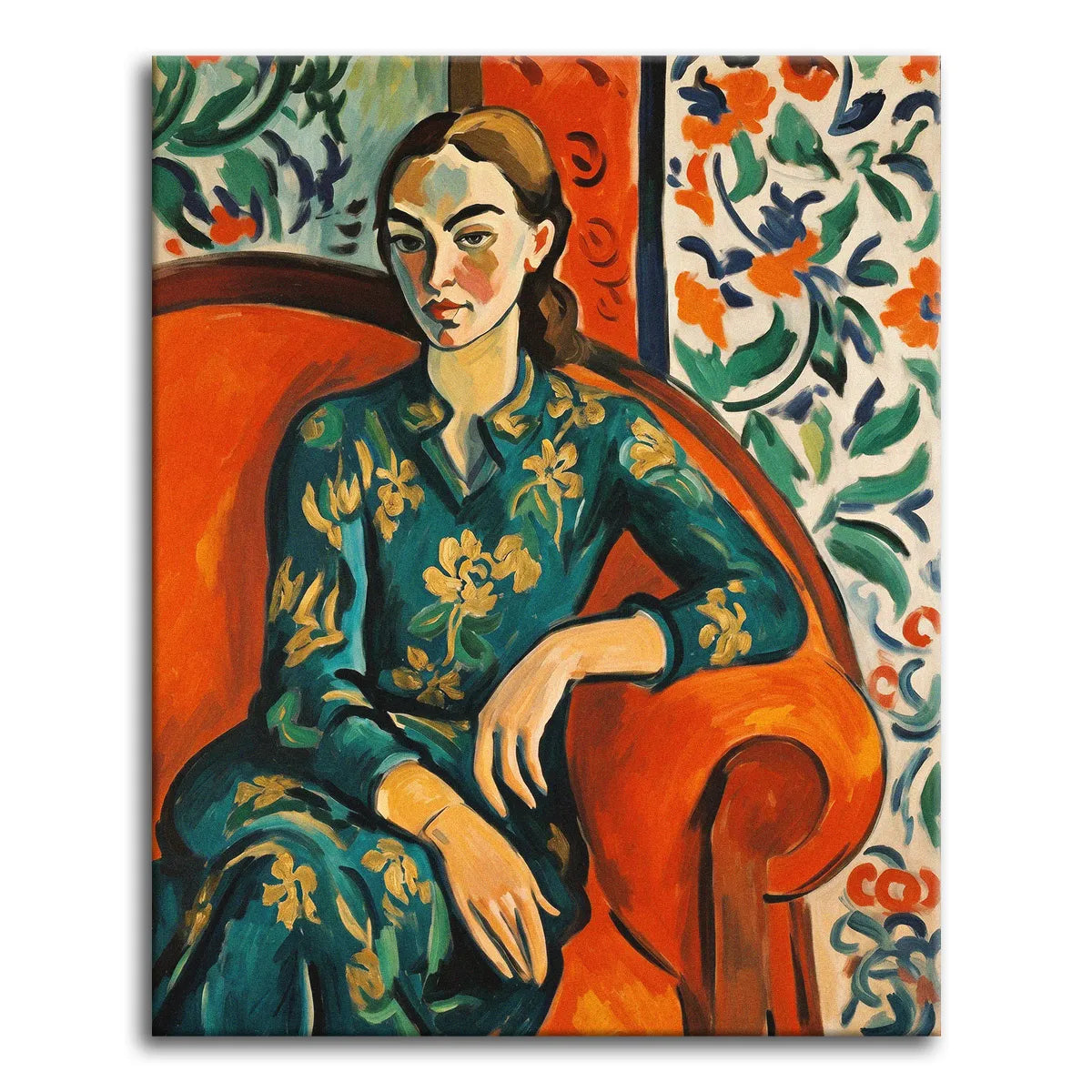 A paint by numbers Fauvist portrait of a woman in a green floral dress seated in a bright orange armchair against patterned wallpaper.