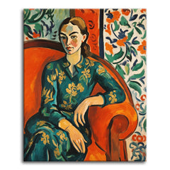 A paint by numbers Fauvist portrait of a woman in a green floral dress seated in a bright orange armchair against patterned wallpaper.