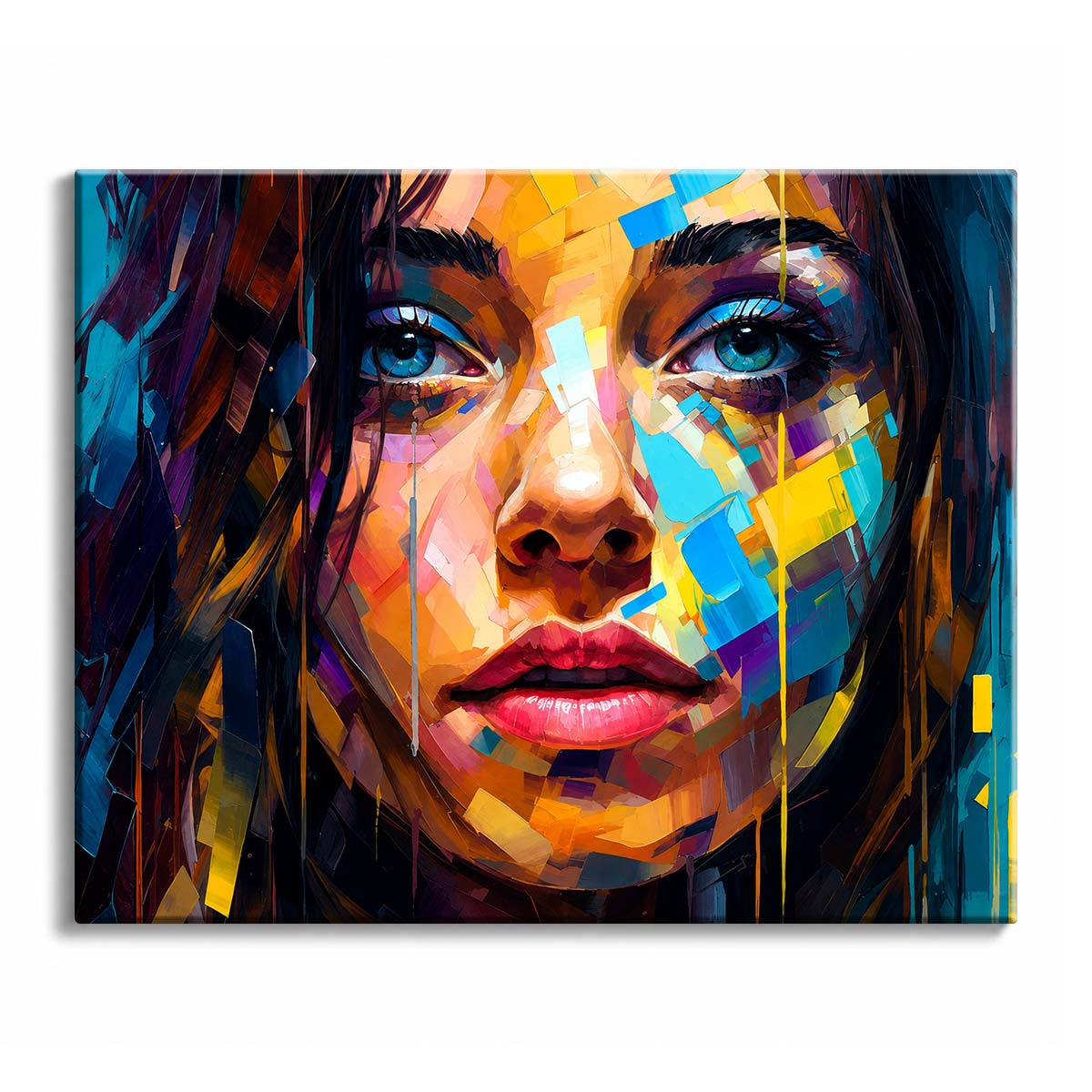 Close-up portrait of a woman with blue eyes and dark hair layered with turquoise, yellow, orange, pink, violet, and deep blue paint strokes.