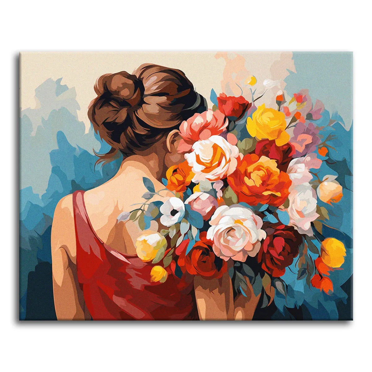 A woman in a red dress seen from behind with her hair up, holding a large bouquet of roses and peonies against a soft blue background, shown as a paint by numbers canvas.