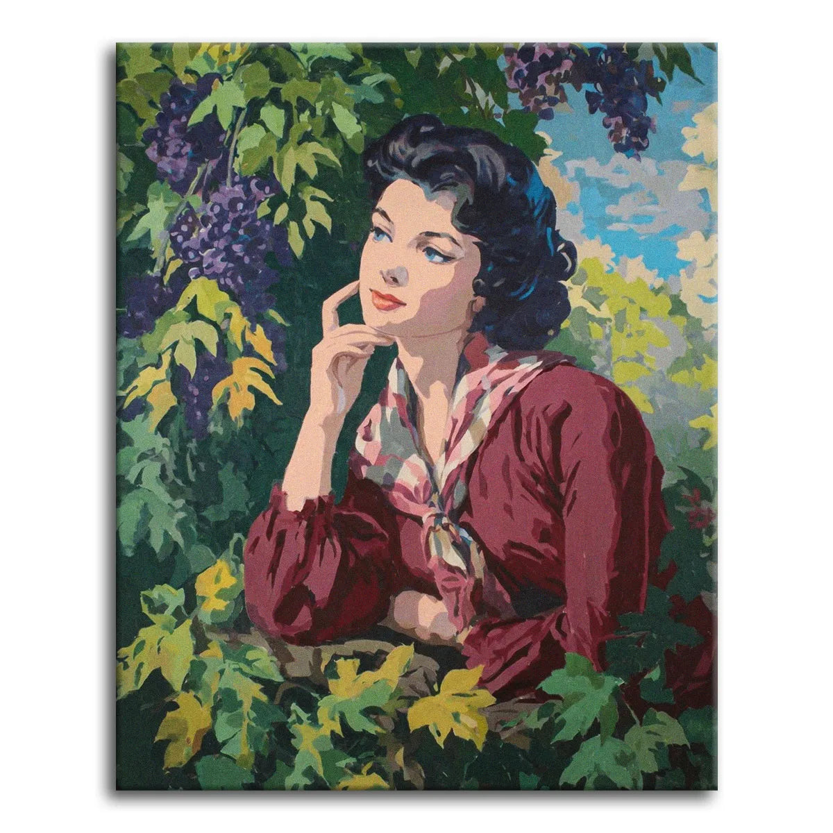 A romantic 1950s pin-up style paint by numbers portrait of a dark-haired woman in a wine-red dress resting her chin on her hand, surrounded by trailing grapevines and clusters of purple grapes.