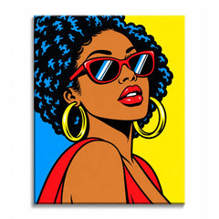 A woman with sunglasses paint by numbers design showing dense curls, red frames, hoop earrings, and red lips against a blue and yellow background.