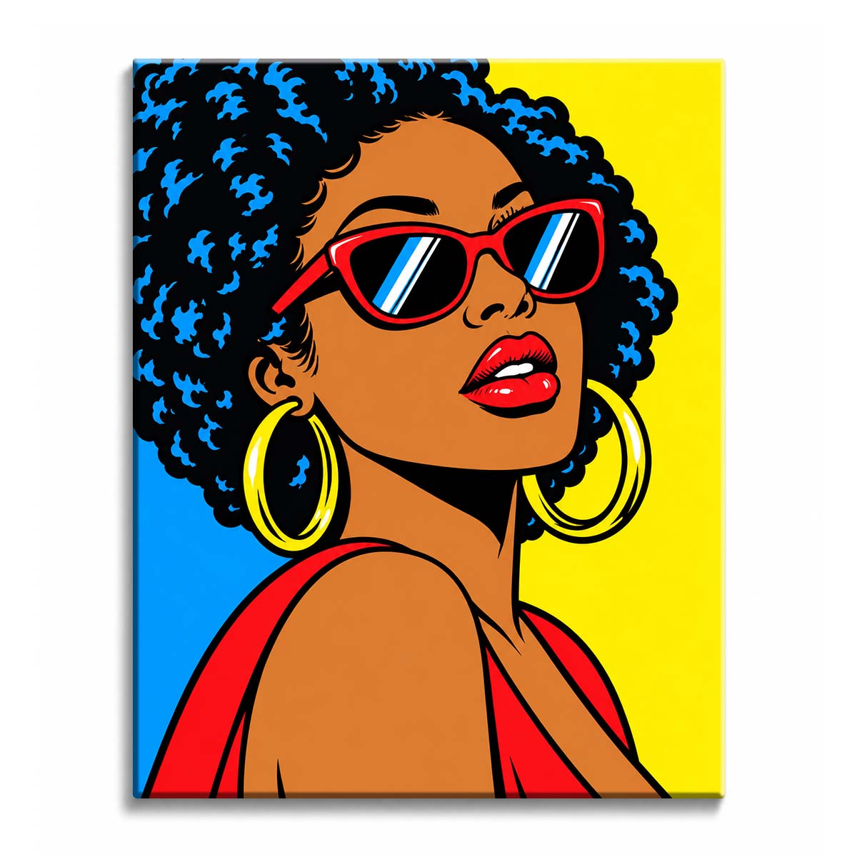 A woman with sunglasses paint by numbers design showing dense curls, red frames, hoop earrings, and red lips against a blue and yellow background.