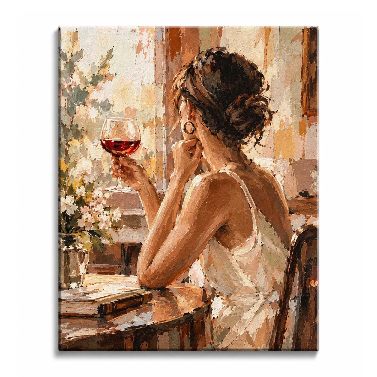 A woman with wine glass in a paint by numbers design, seated in profile at a table beside pale flowers, with a dark bun and warm cream interior.