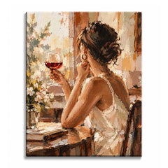 A woman with wine glass in a paint by numbers design, seated in profile at a table beside pale flowers, with a dark bun and warm cream interior.