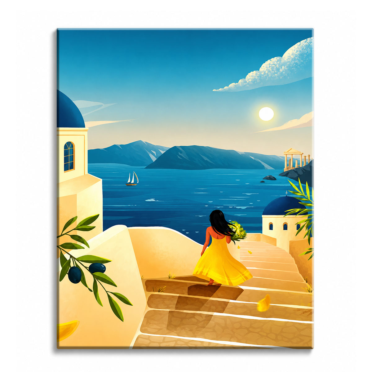 A woman in a yellow dress carrying flowers down sunlit stone steps toward the blue Aegean sea, illustrated as a paint by numbers canvas.
