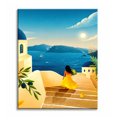 A woman in a yellow dress carrying flowers down sunlit stone steps toward the blue Aegean sea, illustrated as a paint by numbers canvas.
