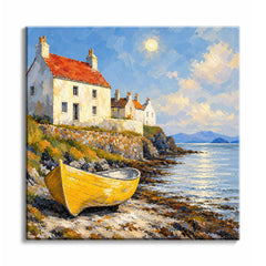 A yellow rowing boat on a rocky coast below white cottages beside calm blue water in a mini paint by numbers design.
