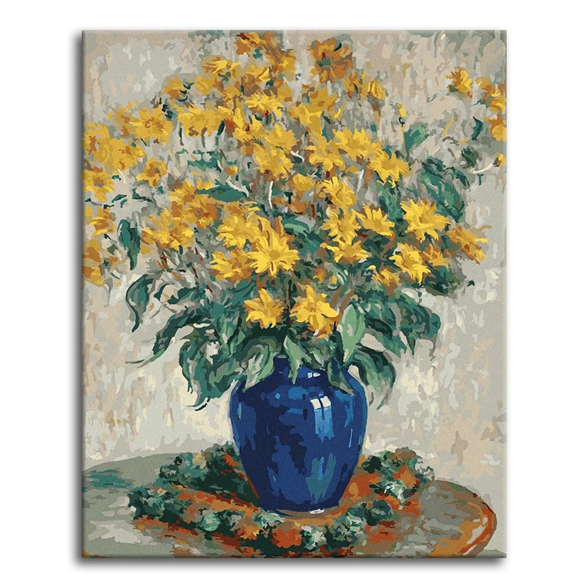 A paint by numbers Impressionist still life of yellow flowers with orange centers in a deep blue vase on a round table.